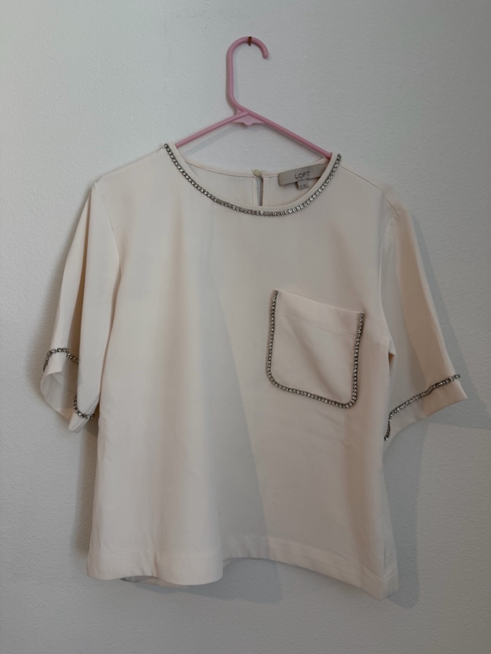 LOFT Cream Short Sleeve Top with Chain Trim